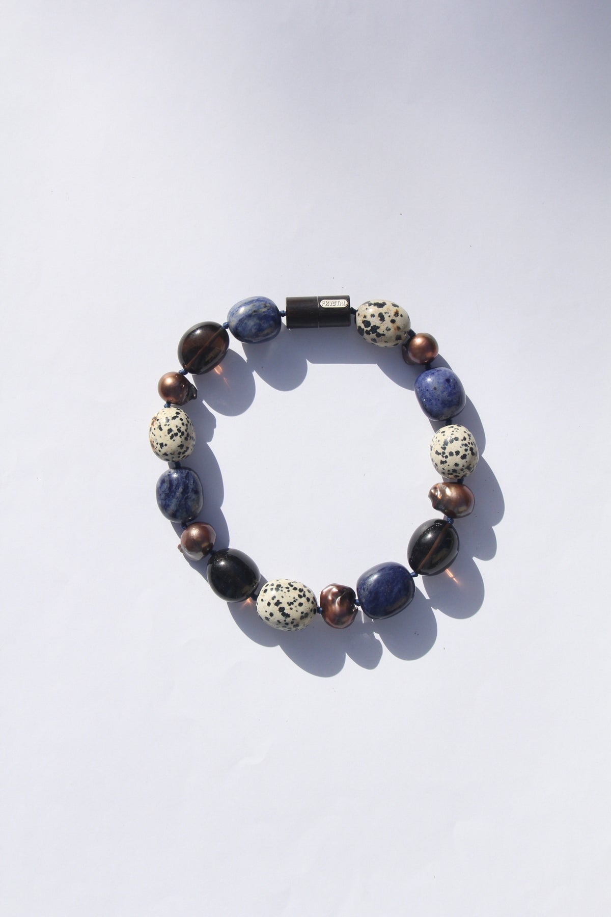 Necklace: dalmatian jasper stone, blue vein stone, pearls