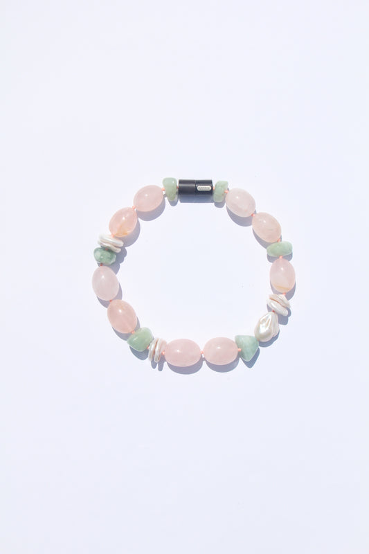 Necklace: rose quartz, morganite, pearls