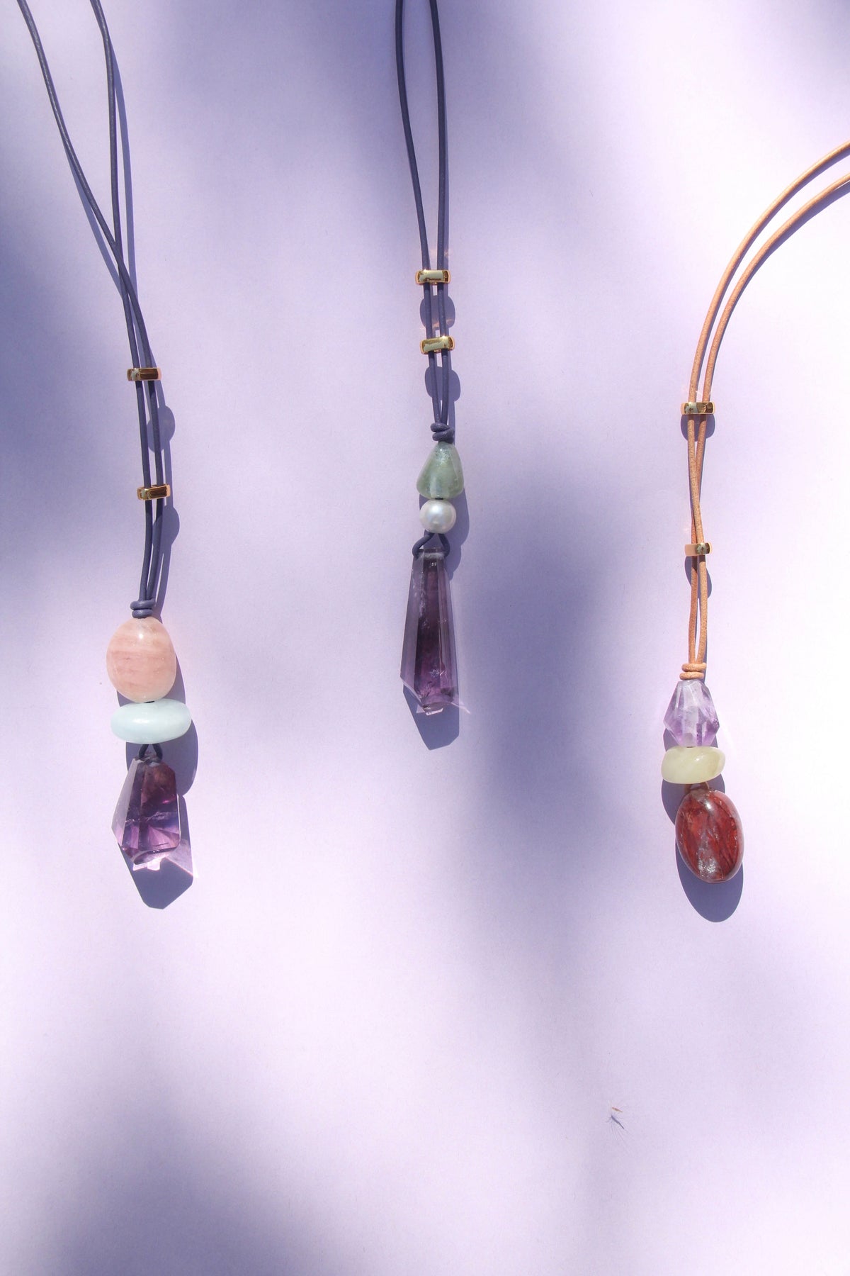 Necklace: amethyst, morganite, hematoid quartz