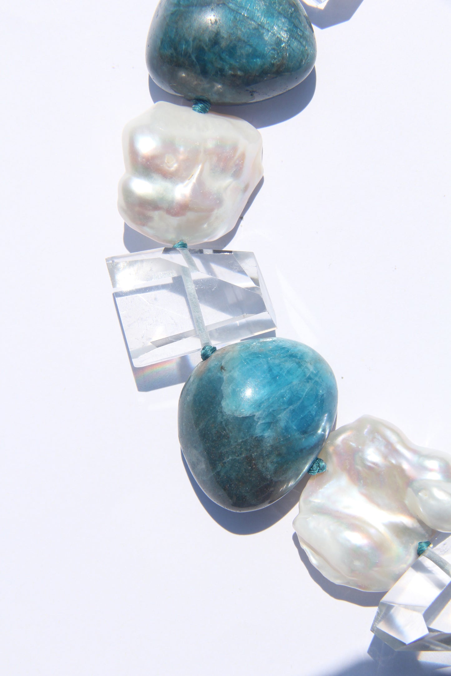 Necklace: blue apatite, quartz, pearls