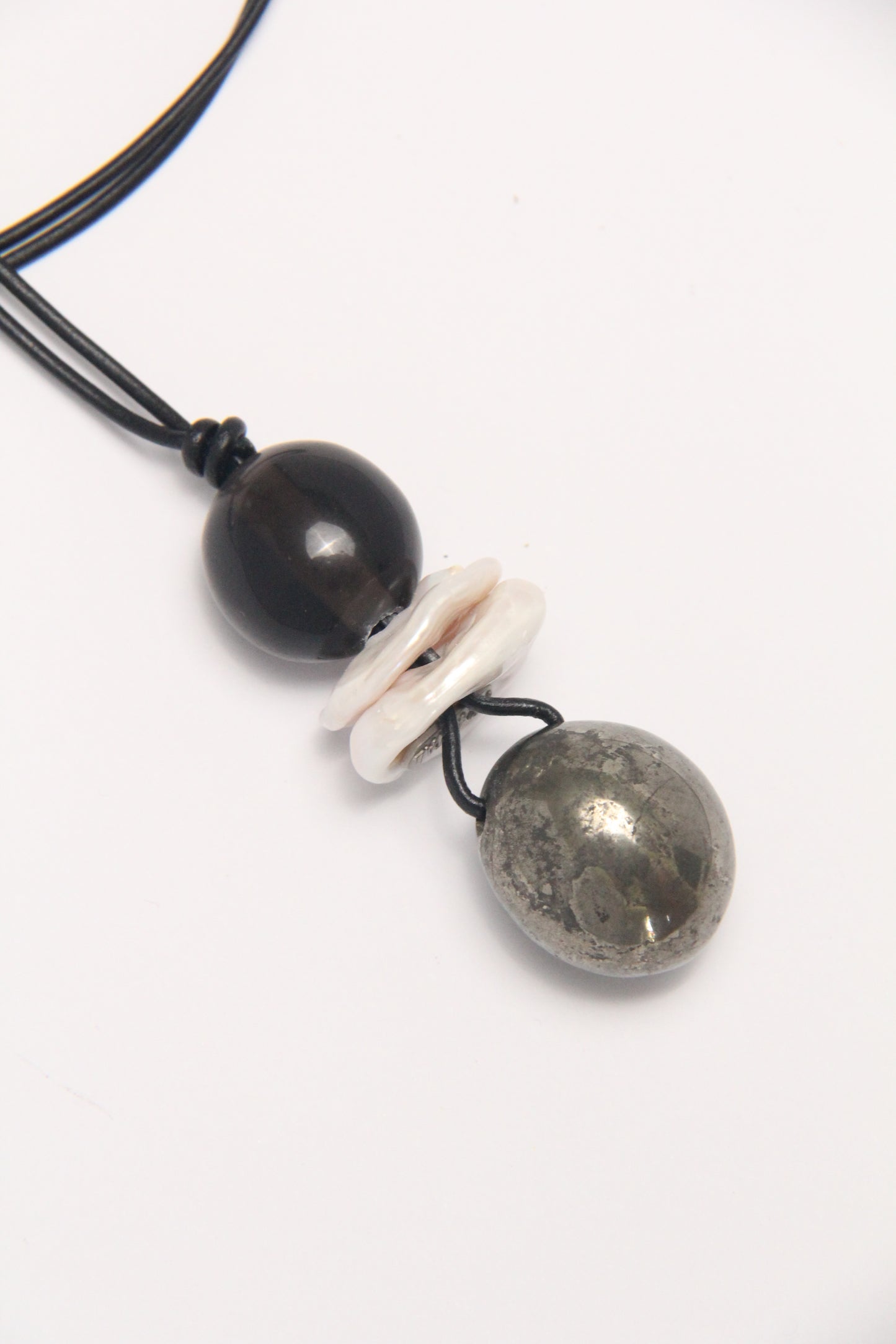 Pendant: obsidian, pearls, chalcopyrite