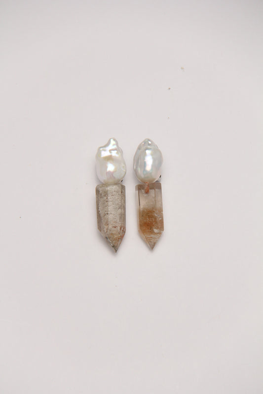 Earrings: pearls, phantom quartz