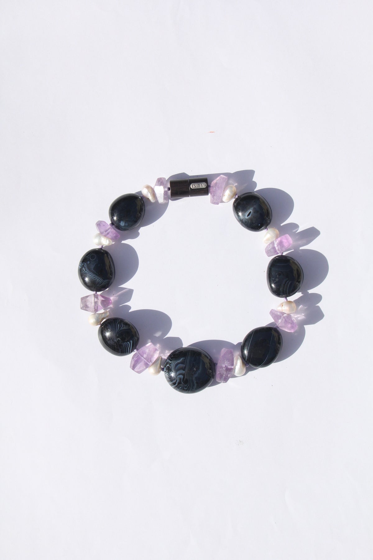 Necklace: sardonyx, pearls, amethyst