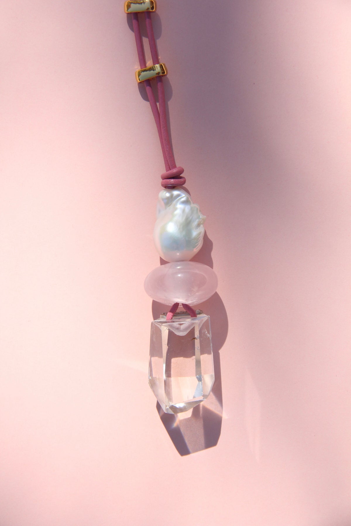 Necklace: pearl, ross quartz, quartz