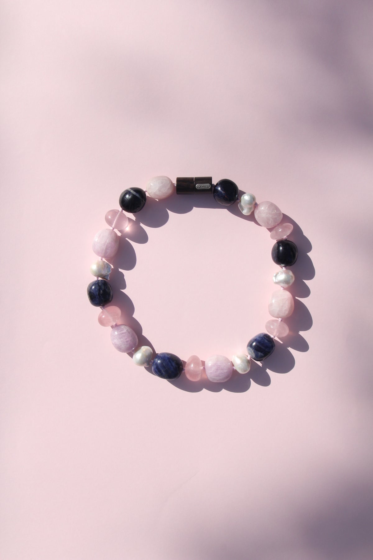 Necklace: kunzite, blue vein stone, rose quartz, pearls