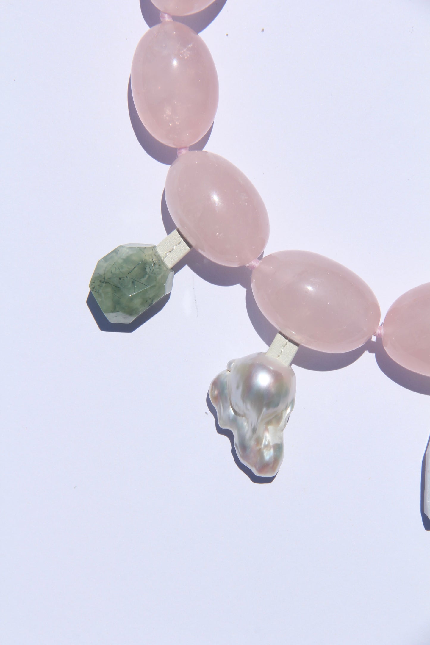 Charms: rose quartz, prehnite, pearl, blue lace agate, amethyst, morganite