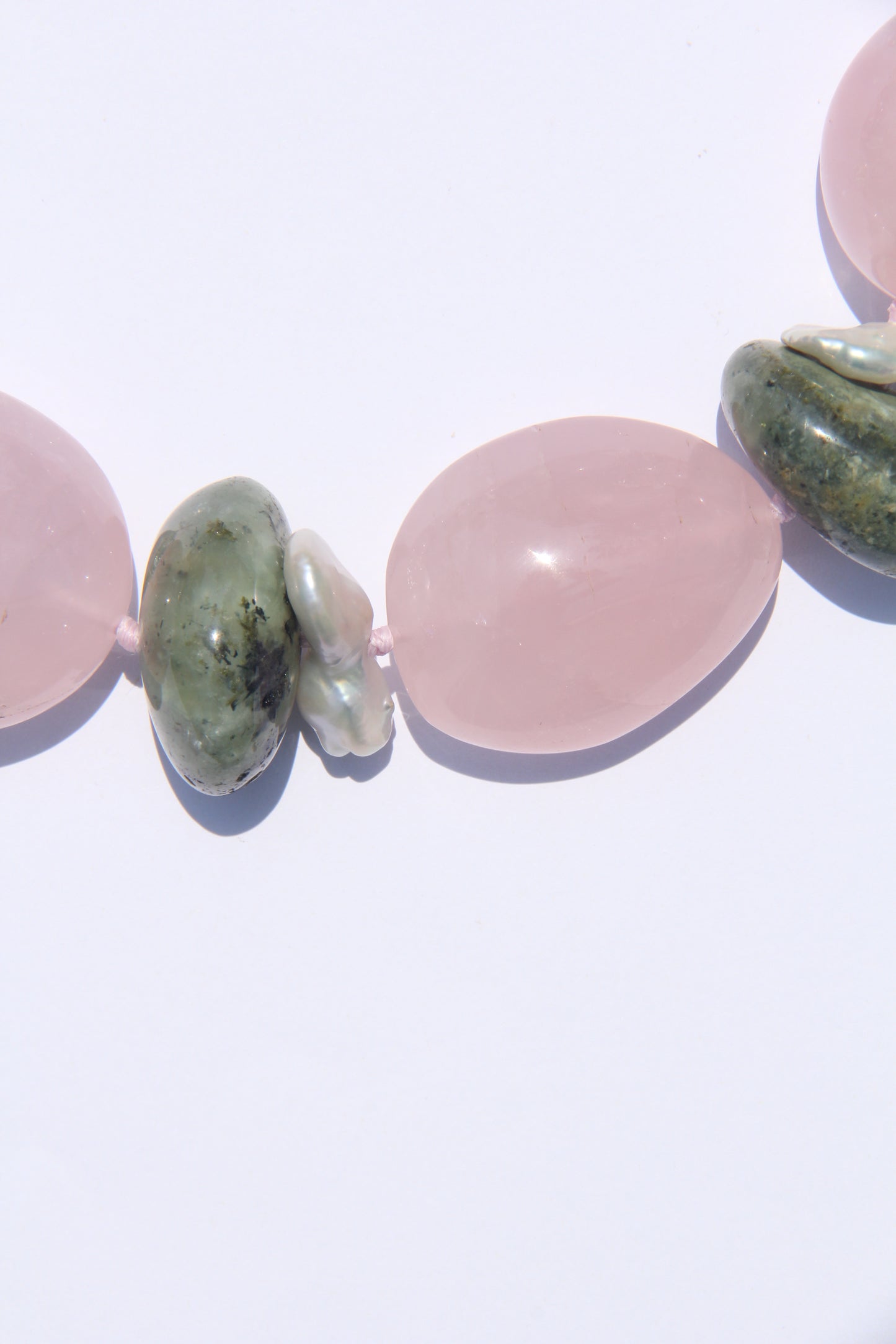 Necklace: rose quartz, pearls, prehnite
