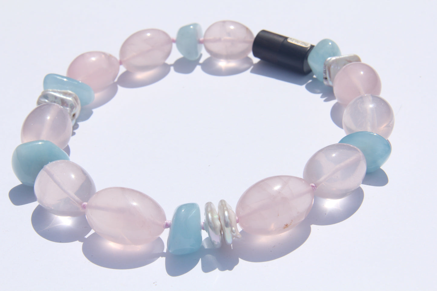 Necklace: rose quartz, morganite, pearls
