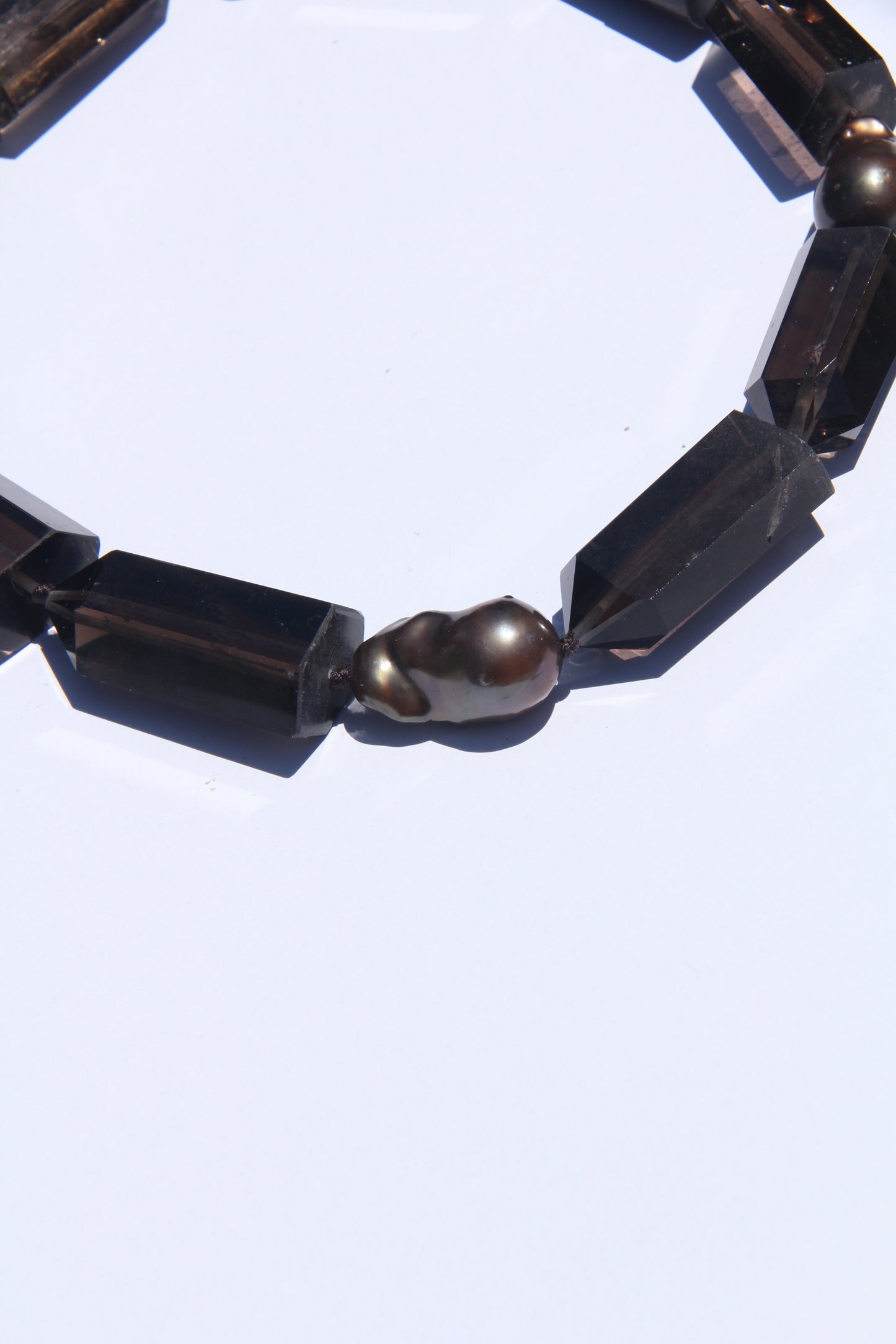 Necklace: pearls, smoky quartz