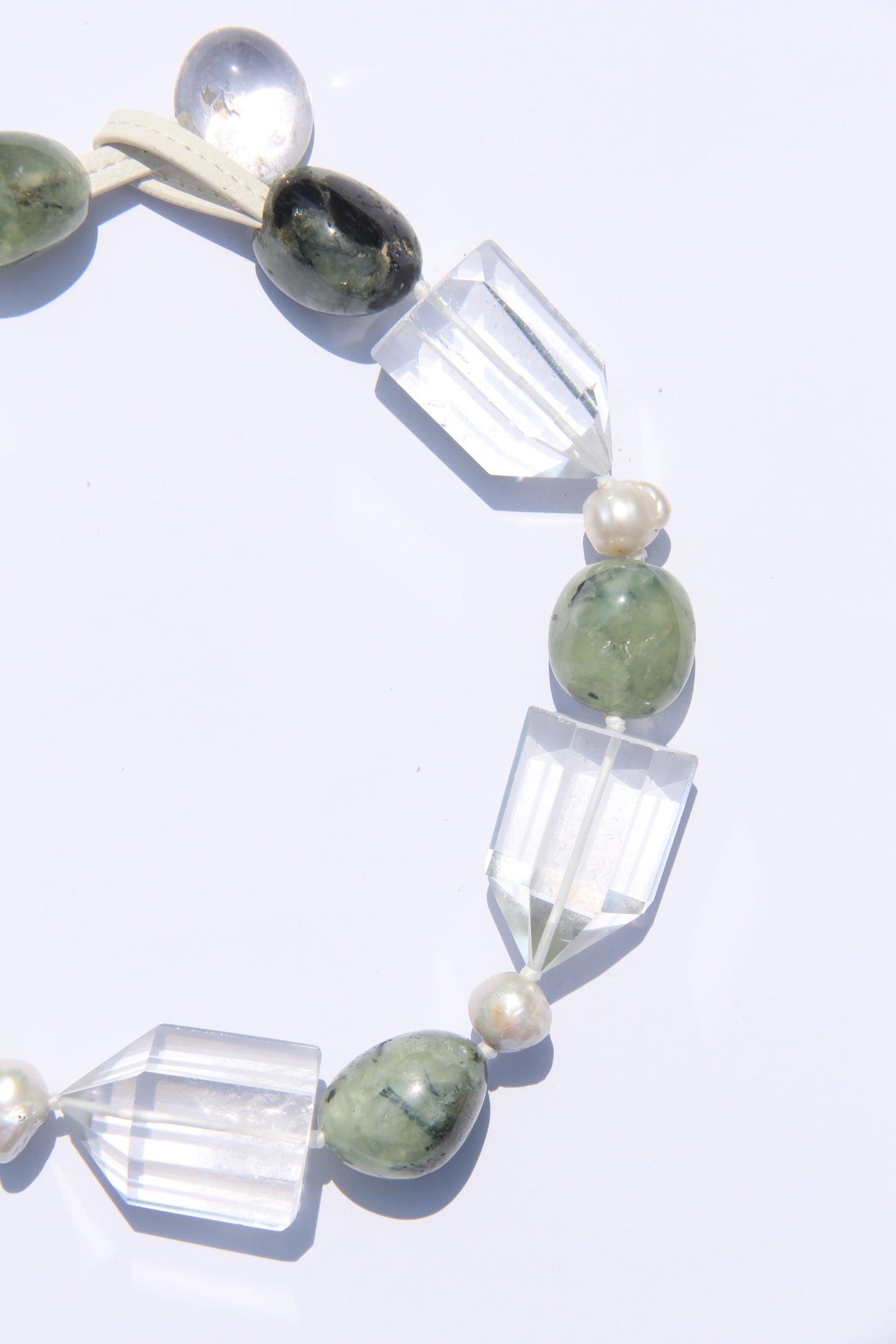 Necklace: quartz, pearl, prehnite