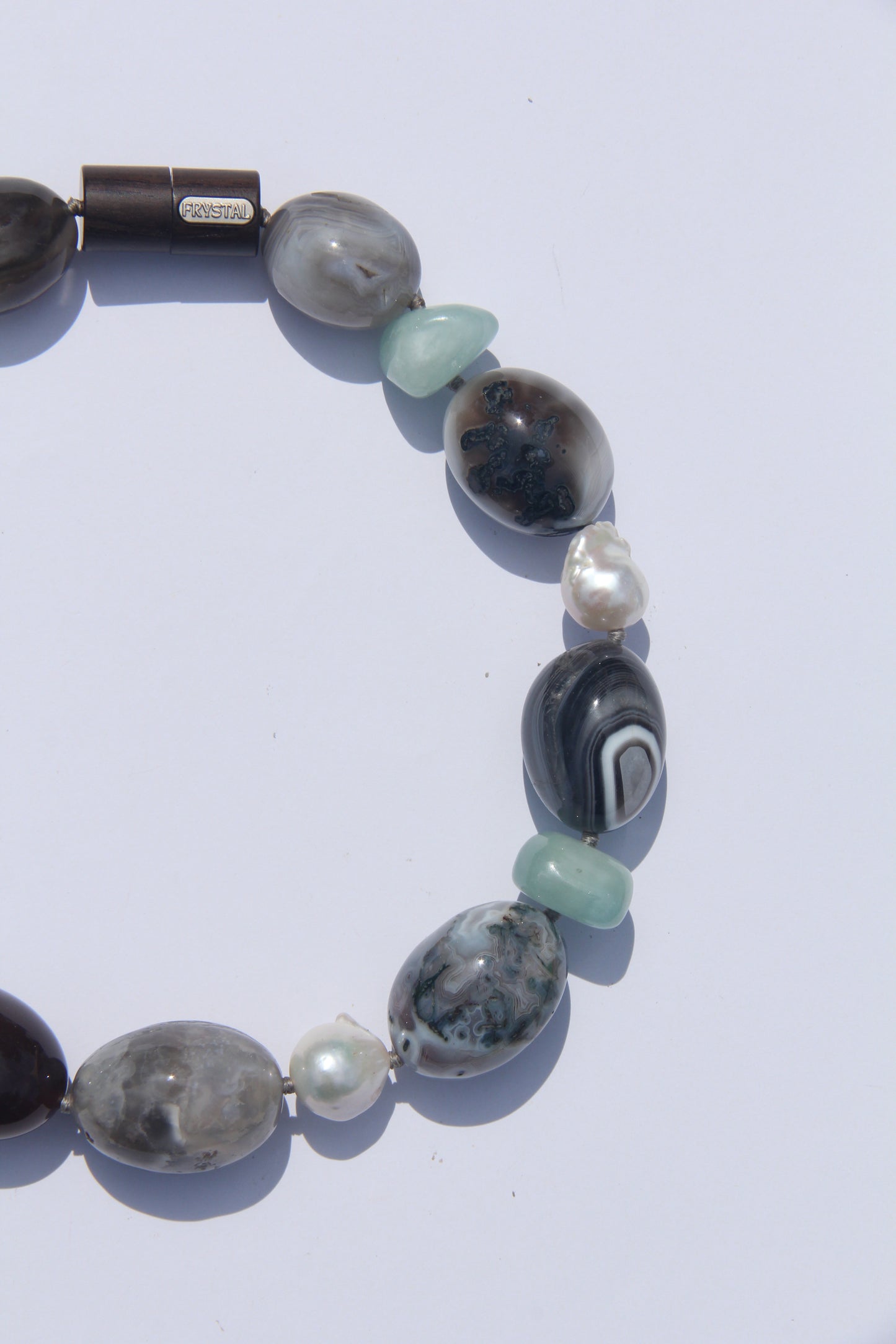 Necklace: persian agate, morganite, pearls