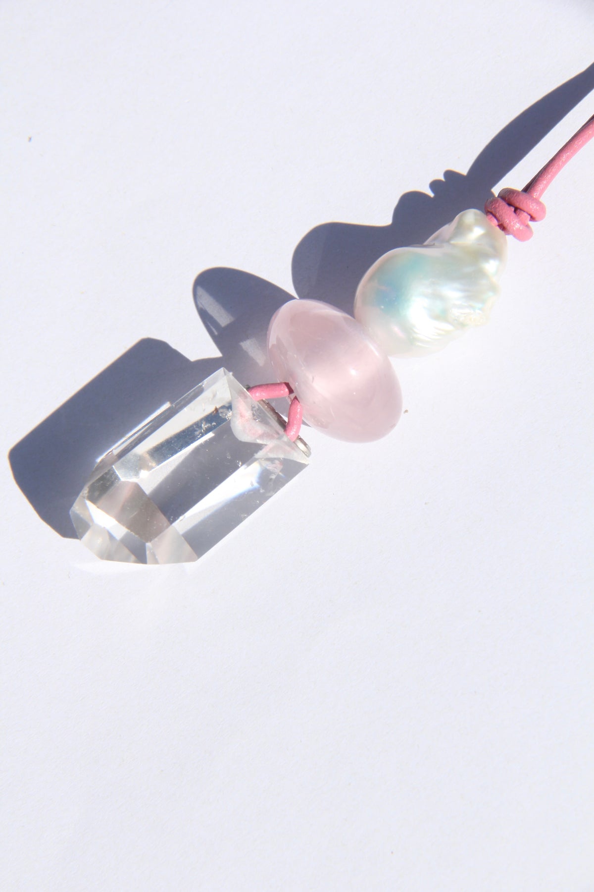 Necklace: pearl, ross quartz, quartz