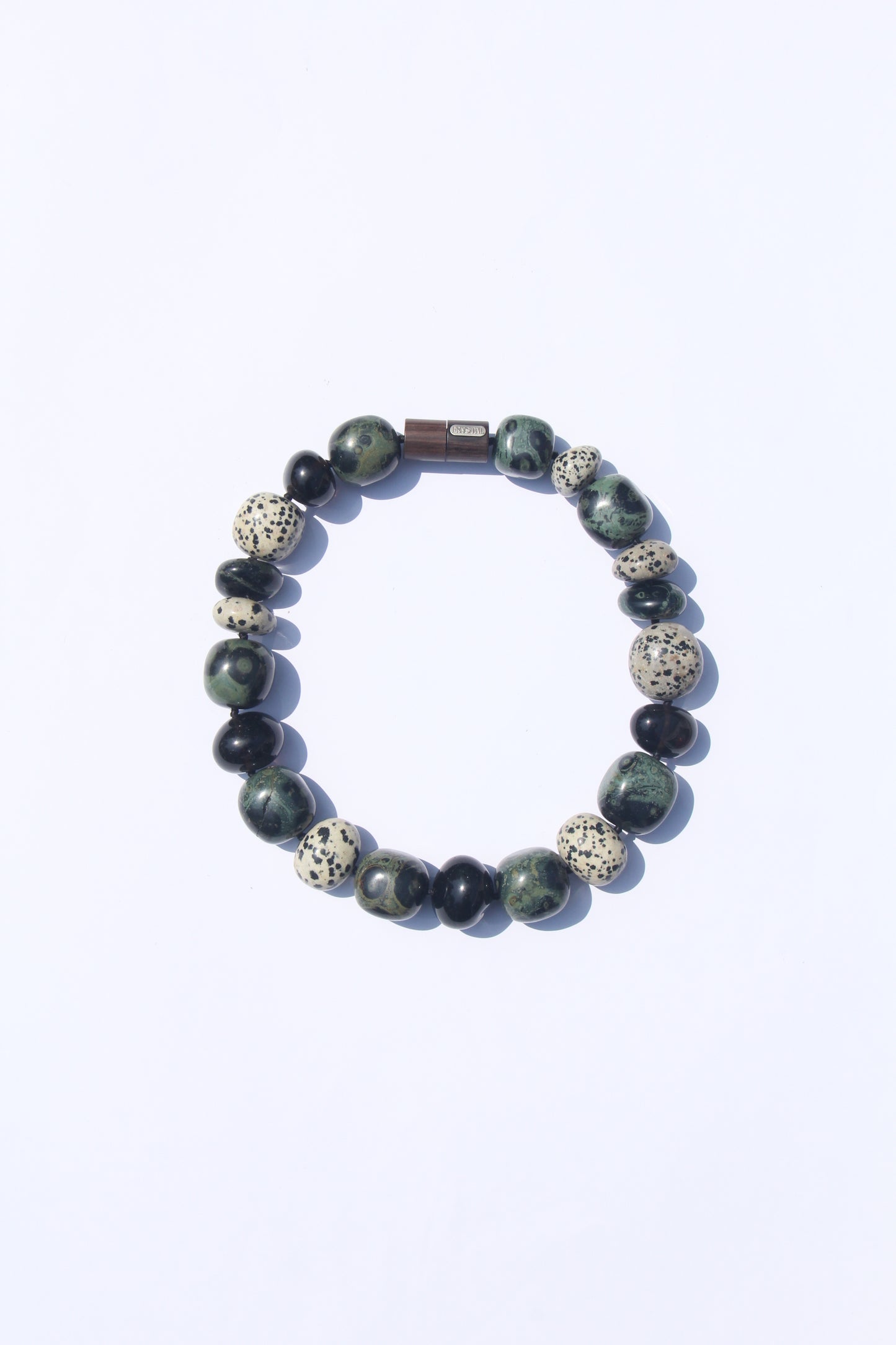 Necklace: crocodile jasper, dalmatian jasper, smoky quartz