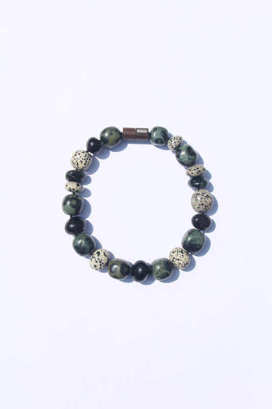 Necklace: crocodile jasper, dalmatian jasper, smoky quartz