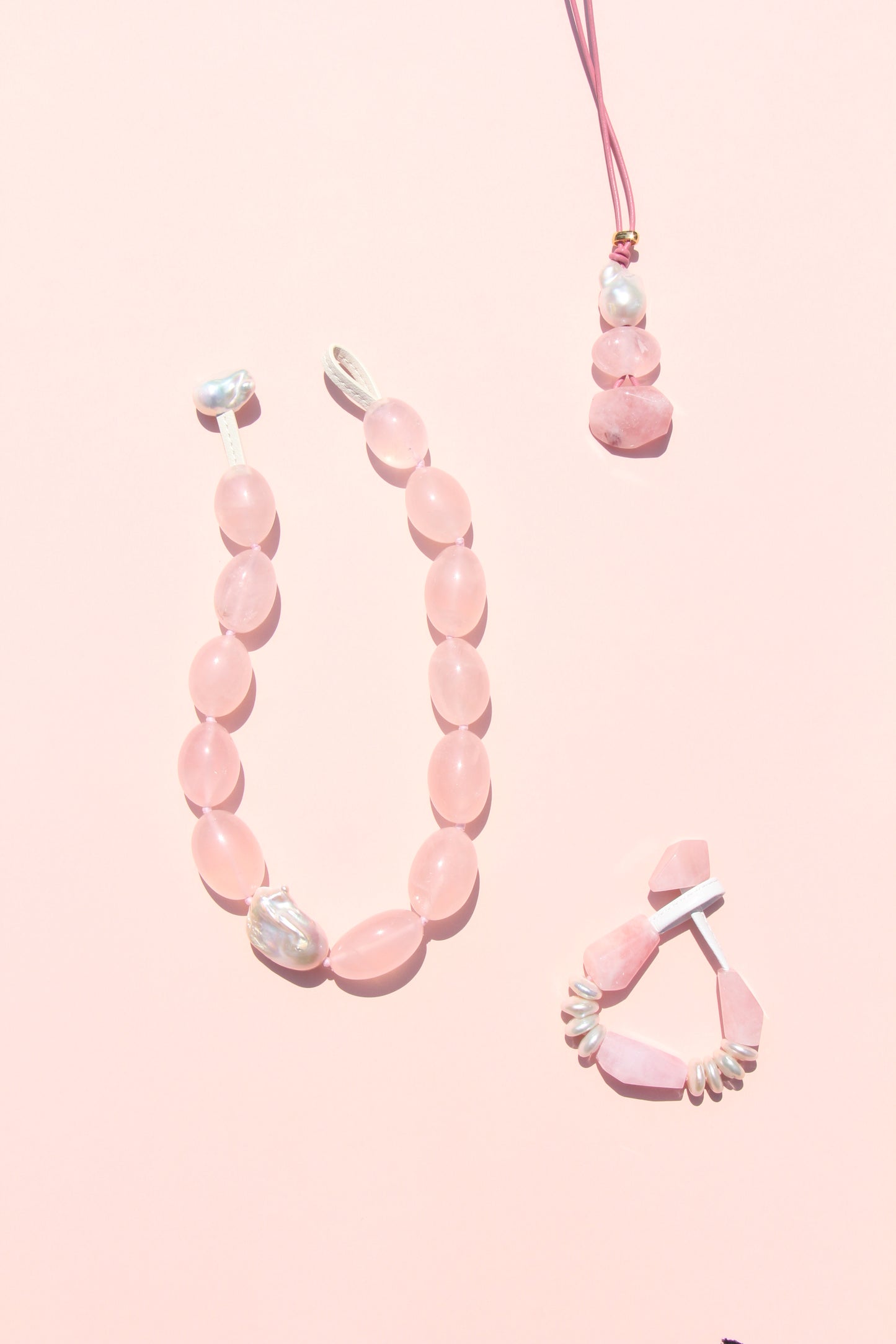 Necklace: rose quartz, pearls