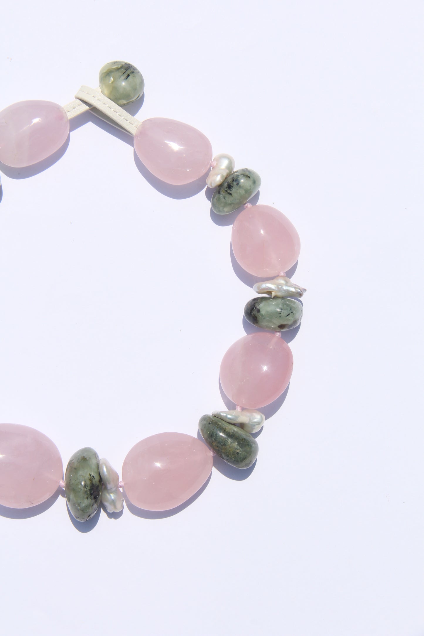 Necklace: rose quartz, pearls, prehnite