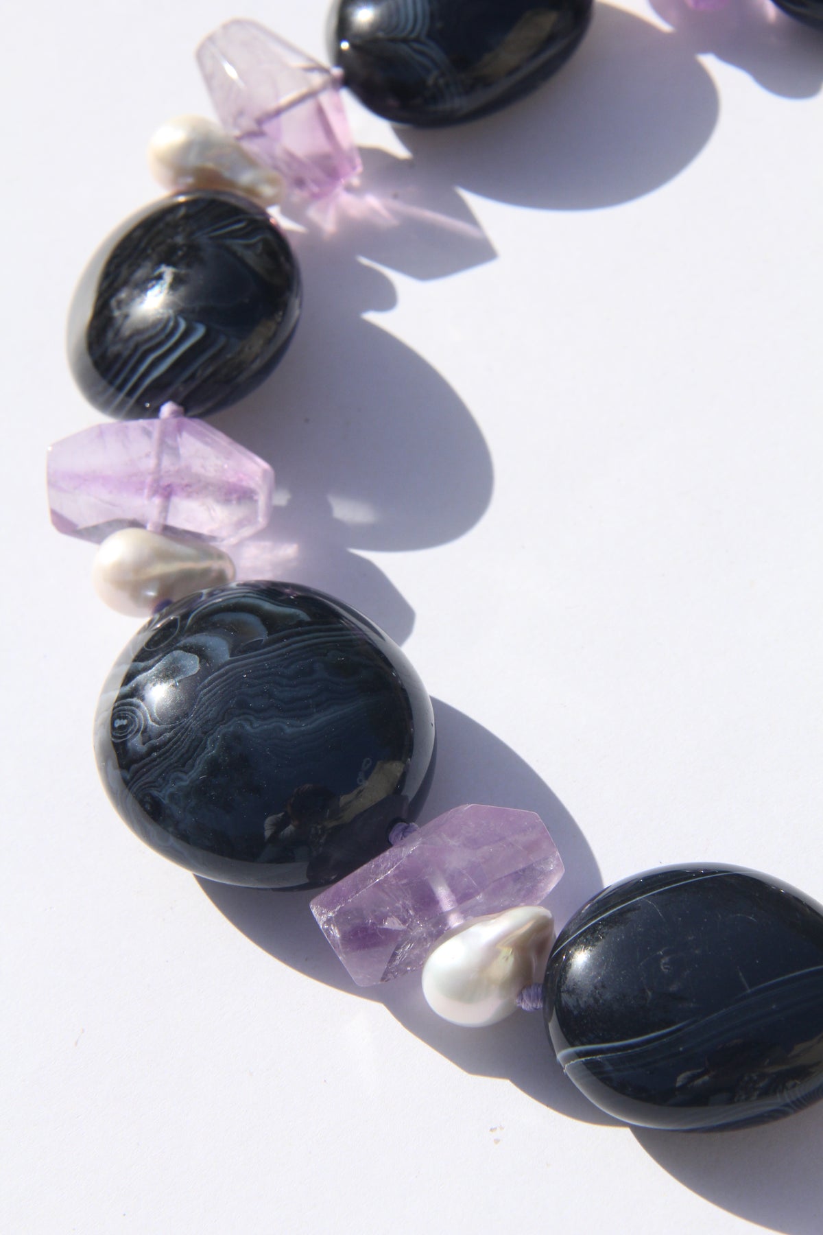 Necklace: sardonyx, pearls, amethyst