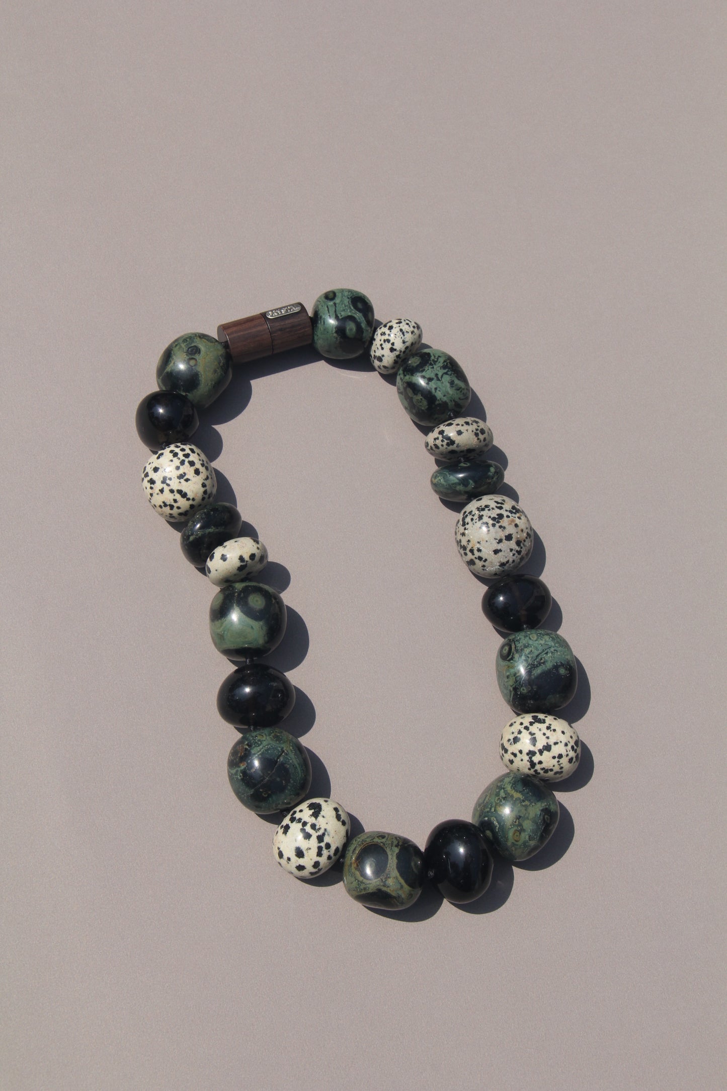 Necklace: crocodile jasper, dalmatian jasper, smoky quartz