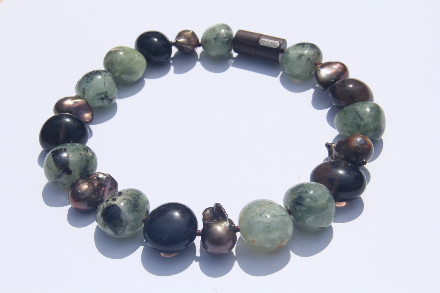 Necklace: prehnite, smoky quartz, pearls