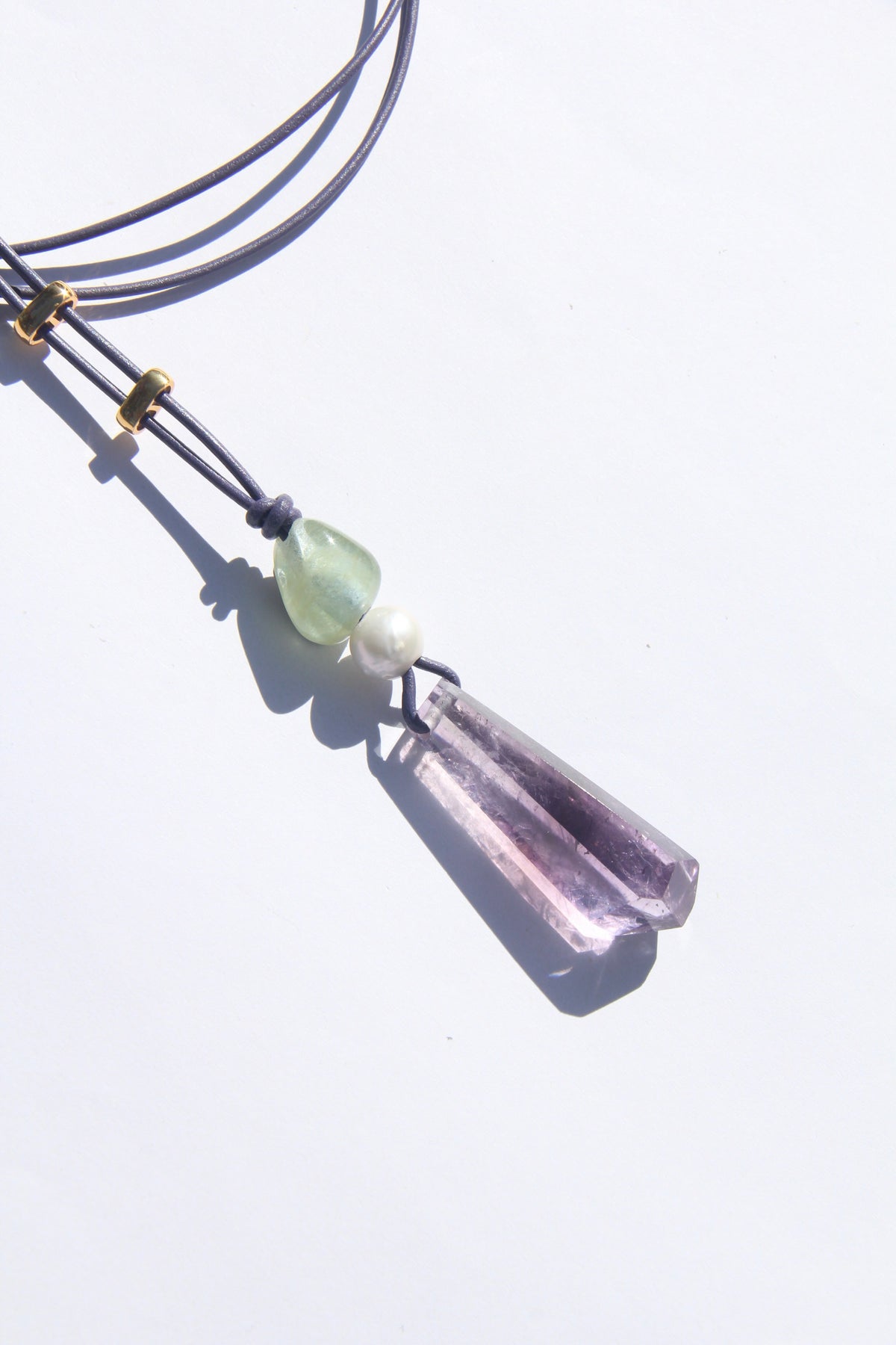 Necklace: morganite, pearl, amethyst