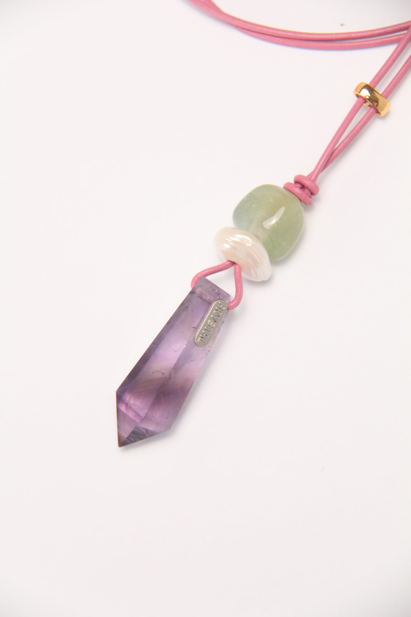 Pendant: morganite, pearl, amethyst, leather