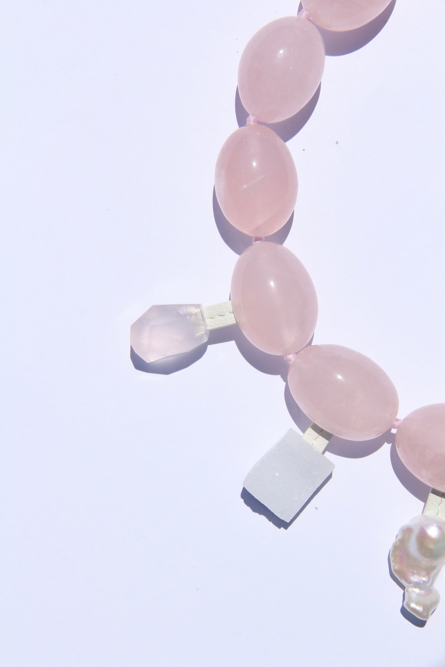 Charms: rose quartz, blue lace agate, pearl, amethyst