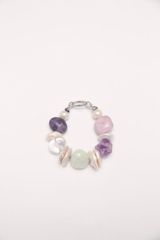 Bracelet: amethyst, kunzite, prehnite, lepidolite, quartz, pearls