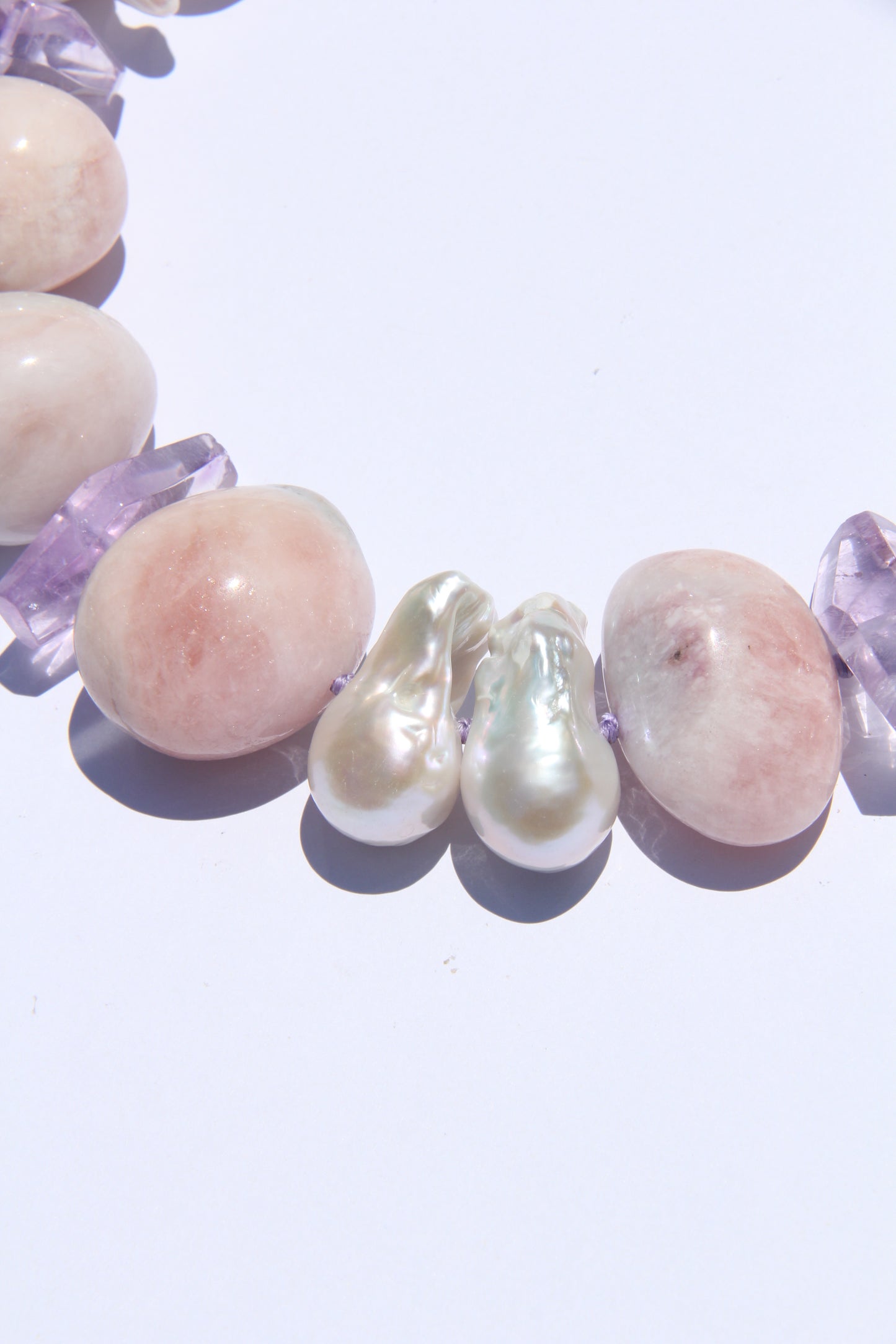 Necklace: morganite, amethyst, pearls