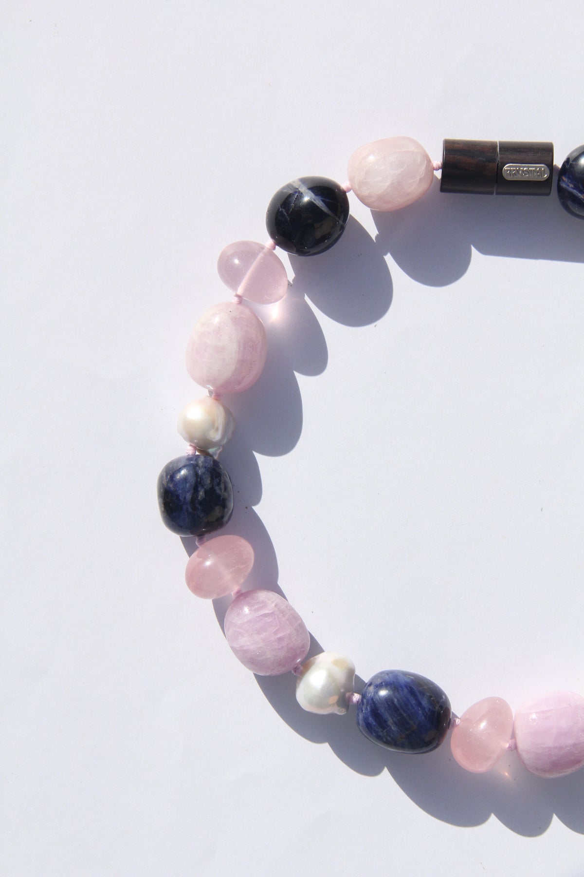 Necklace: kunzite, blue vein stone, rose quartz, pearls