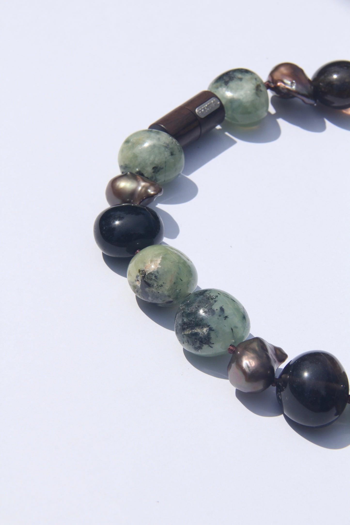 Necklace: prehnite, smoky quartz, pearls