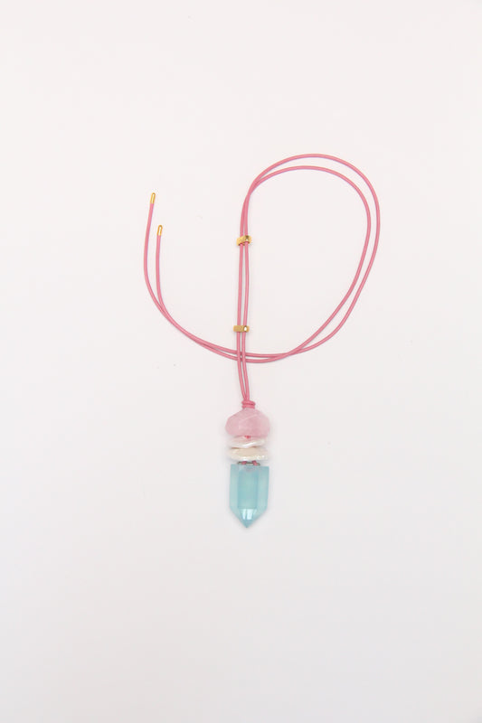 Pendant: morgnite, pearls, aquamarine