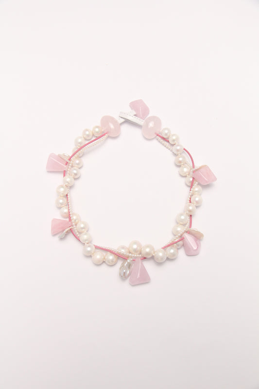Necklace: morganite, rose quartz, pearls