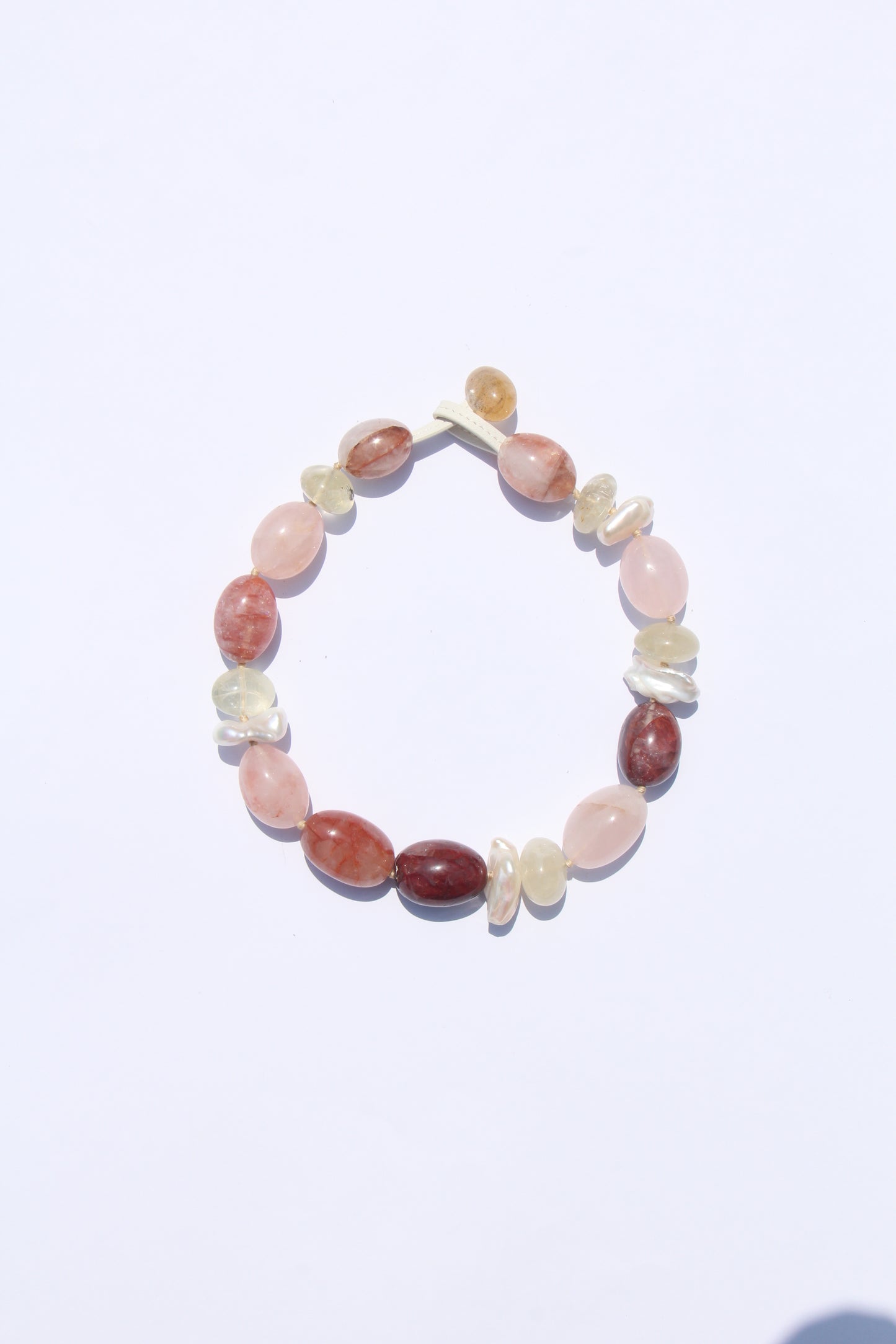Necklace: rose quartz, pearls, citrine, hematoid quartz