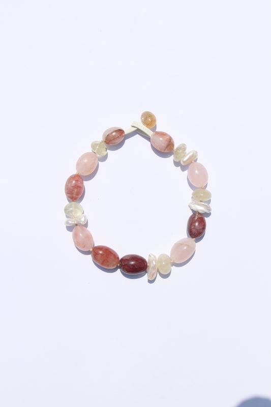 Necklace: rose quartz, pearls, citrine, hematoid quartz