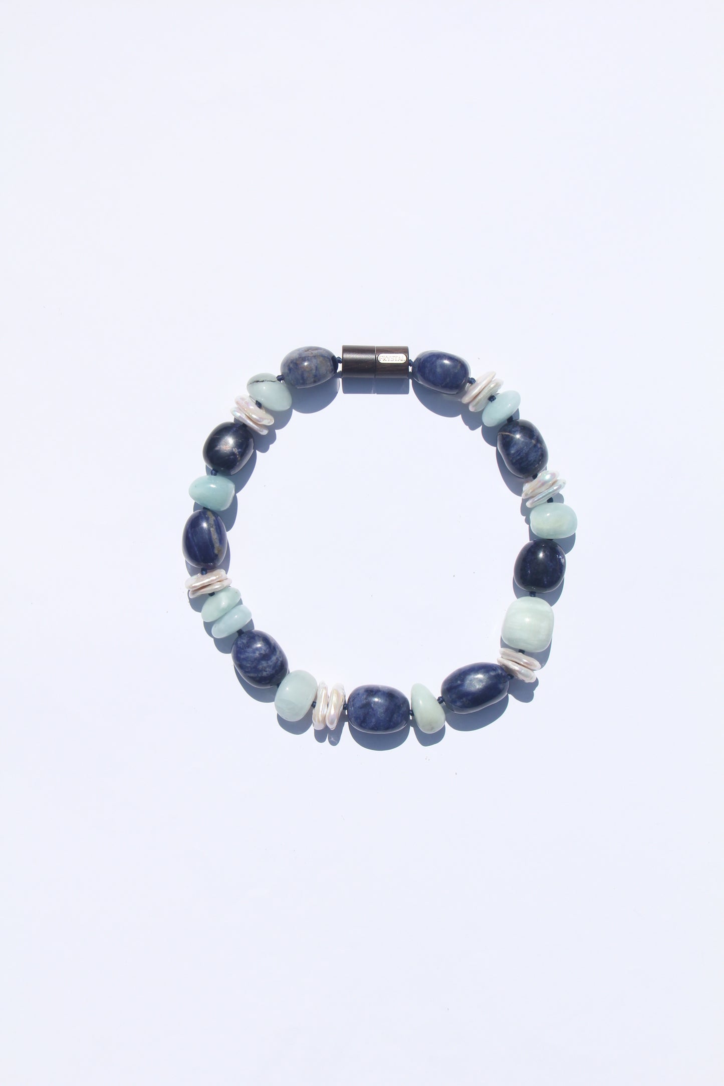 Necklace: aquamarine, blue vein stone, pearls