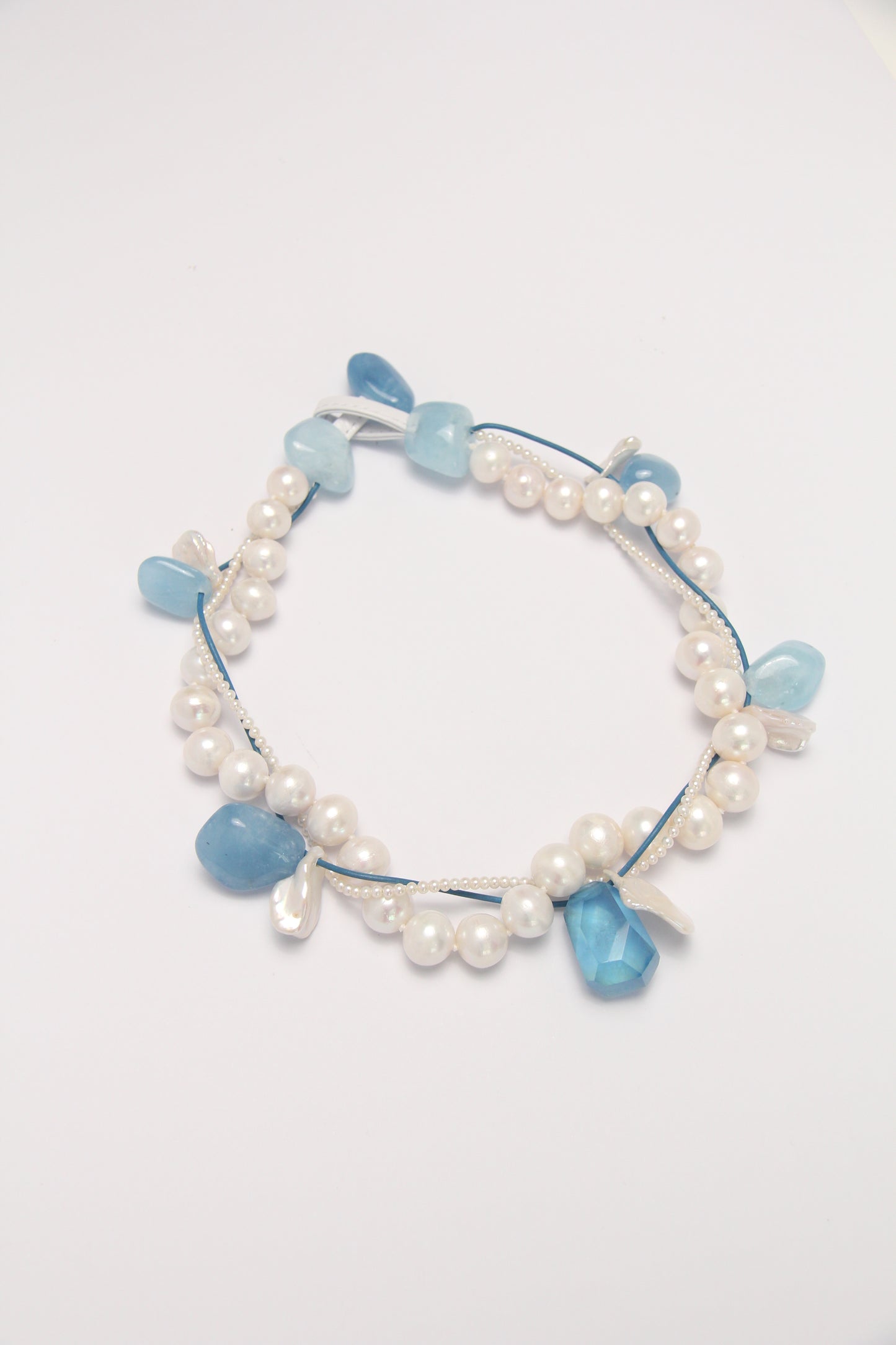 Necklace: aquamarine, morganite, pearls