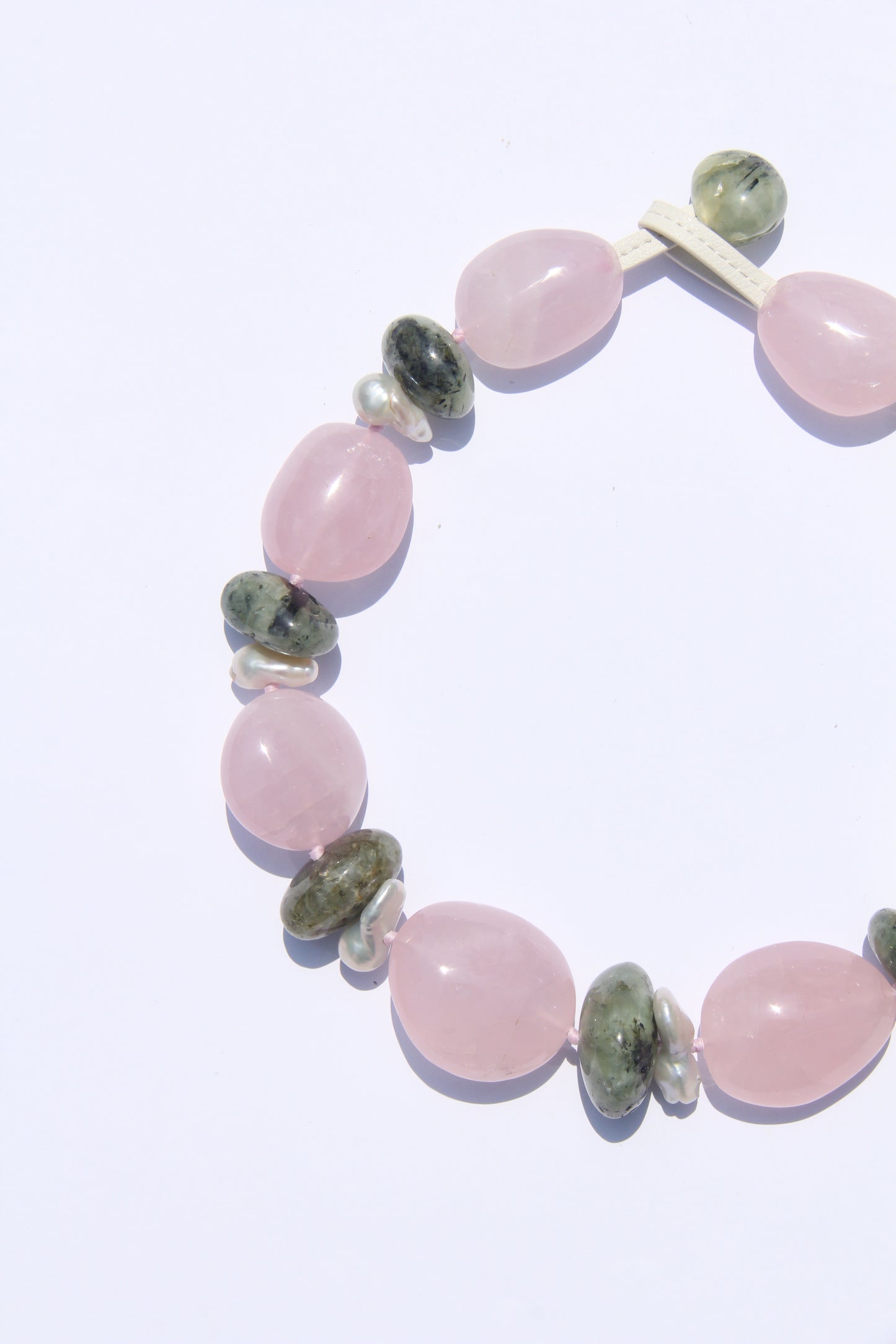Necklace: rose quartz, pearls, prehnite