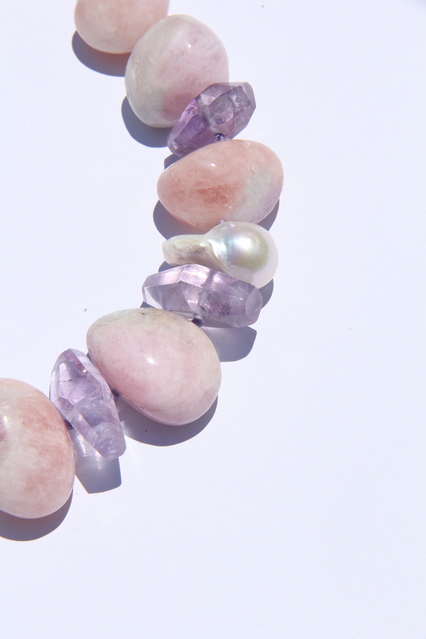 Necklace: morganite, amethyst, pearls