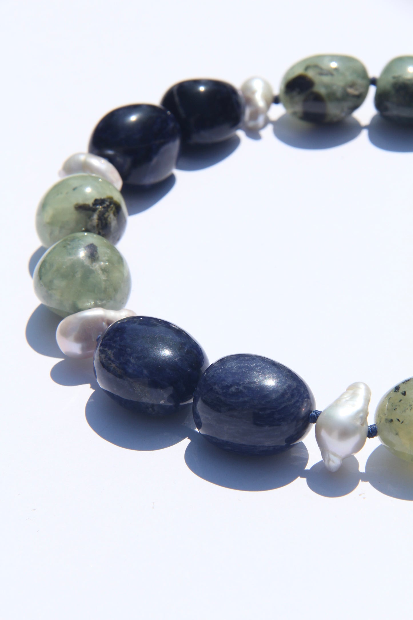 Necklace: prehnite, blue vein stone