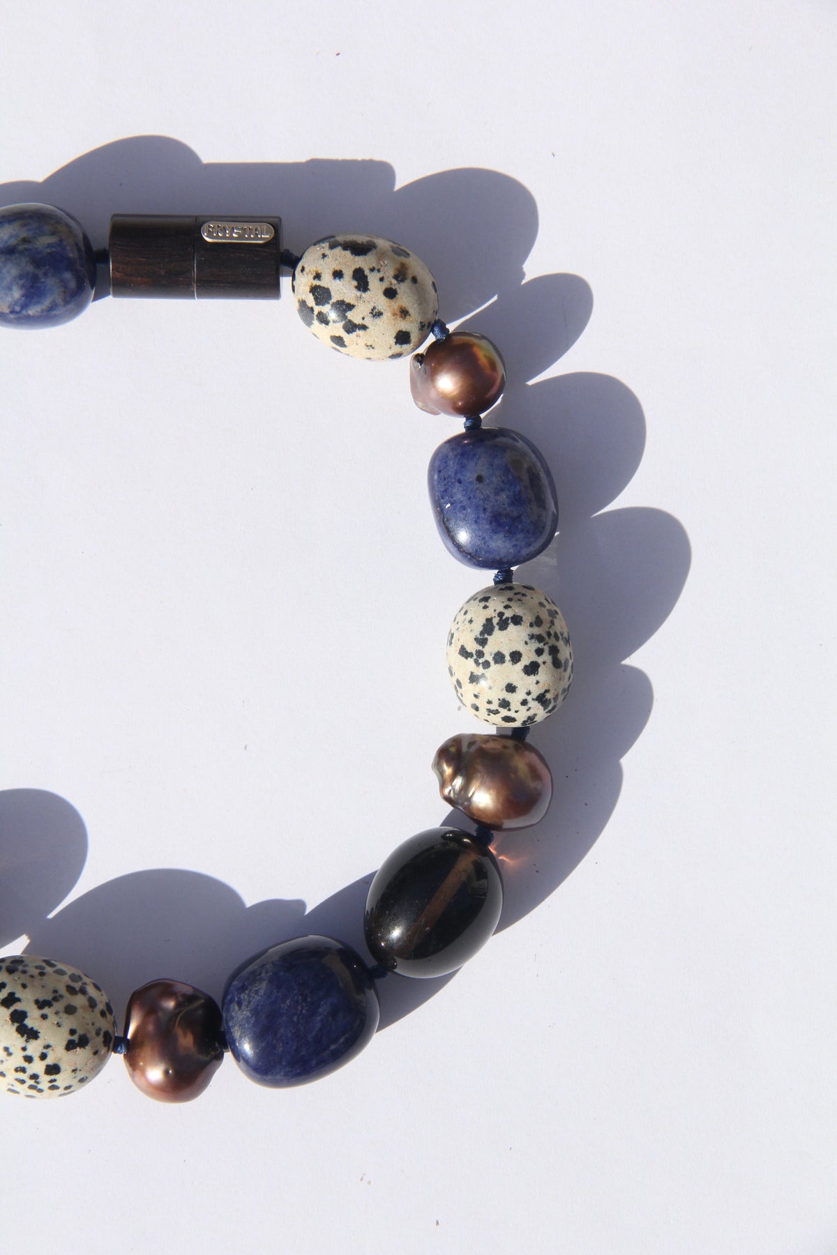 Necklace: dalmatian jasper stone, blue vein stone, pearls