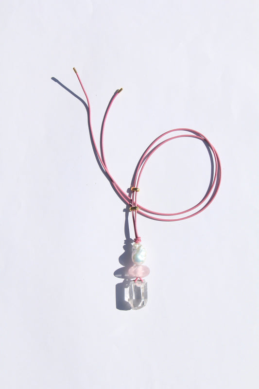 Necklace: pearl, ross quartz, quartz