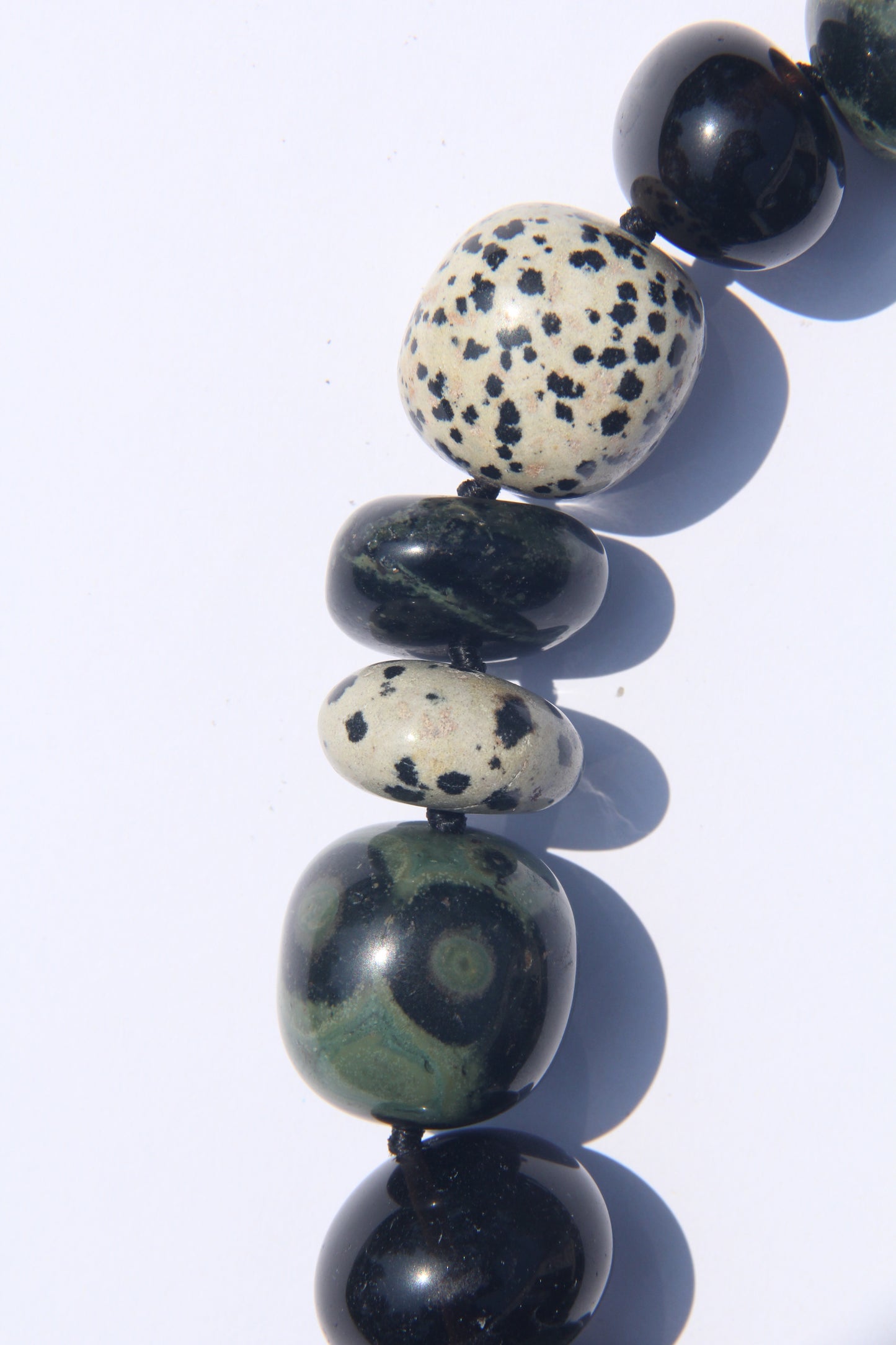 Necklace: crocodile jasper, dalmatian jasper, smoky quartz