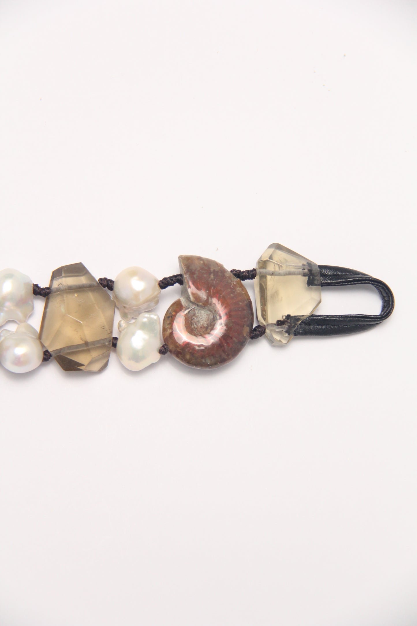 Bracelet: ammonite fossils, smoky quartz, pearls