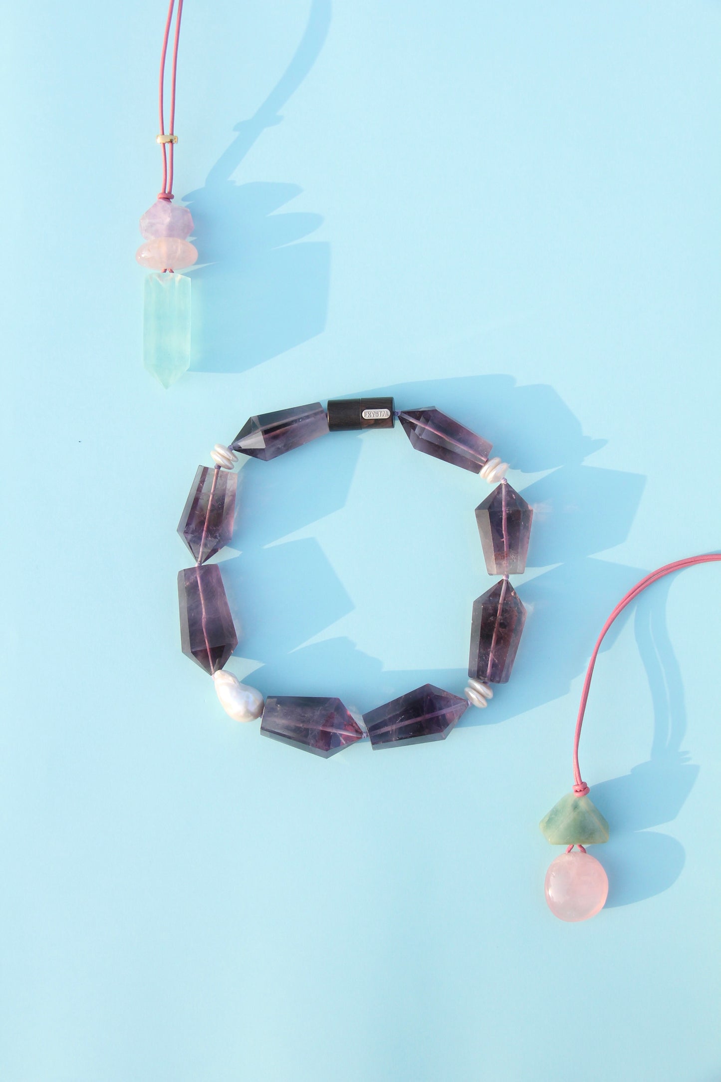 Necklace: pearls, amethyst, ebony