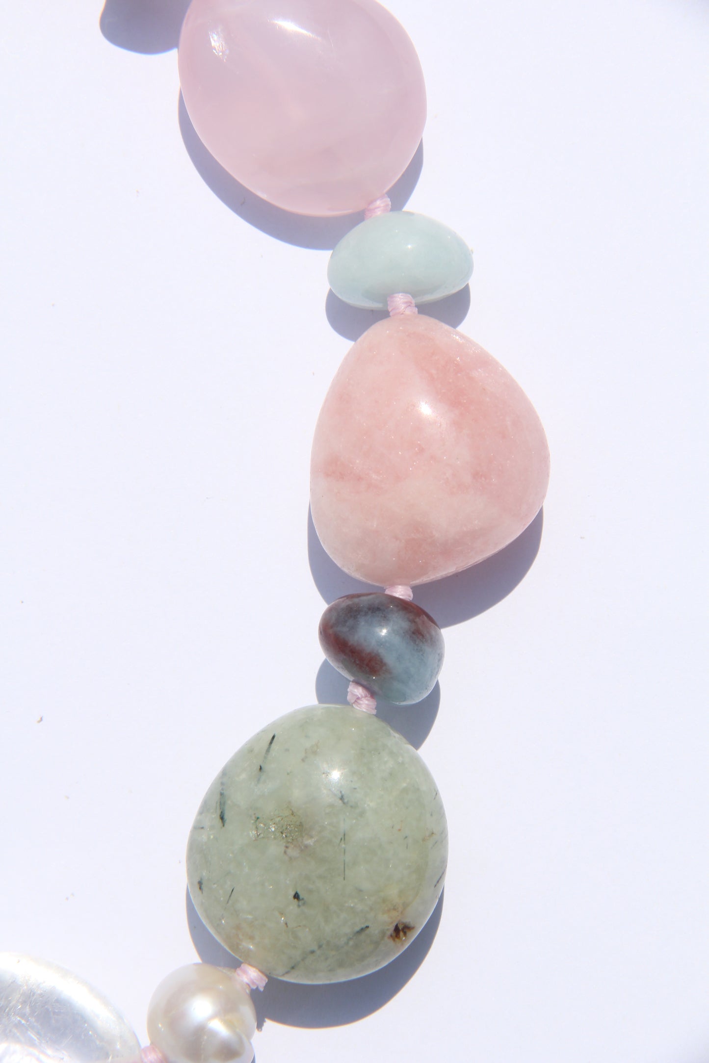 Necklace: amethyst, aquamarine, prehnite, morganite, rose quartz, pearls