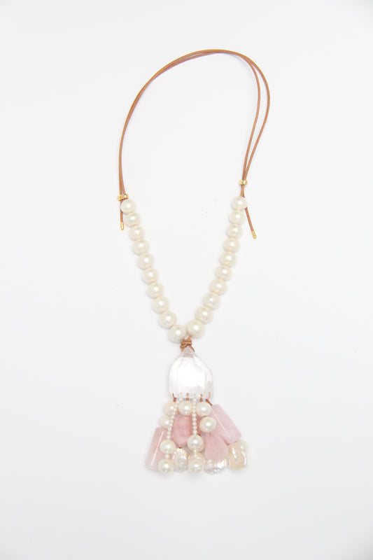 Pendant: quartz, pearls, morganite