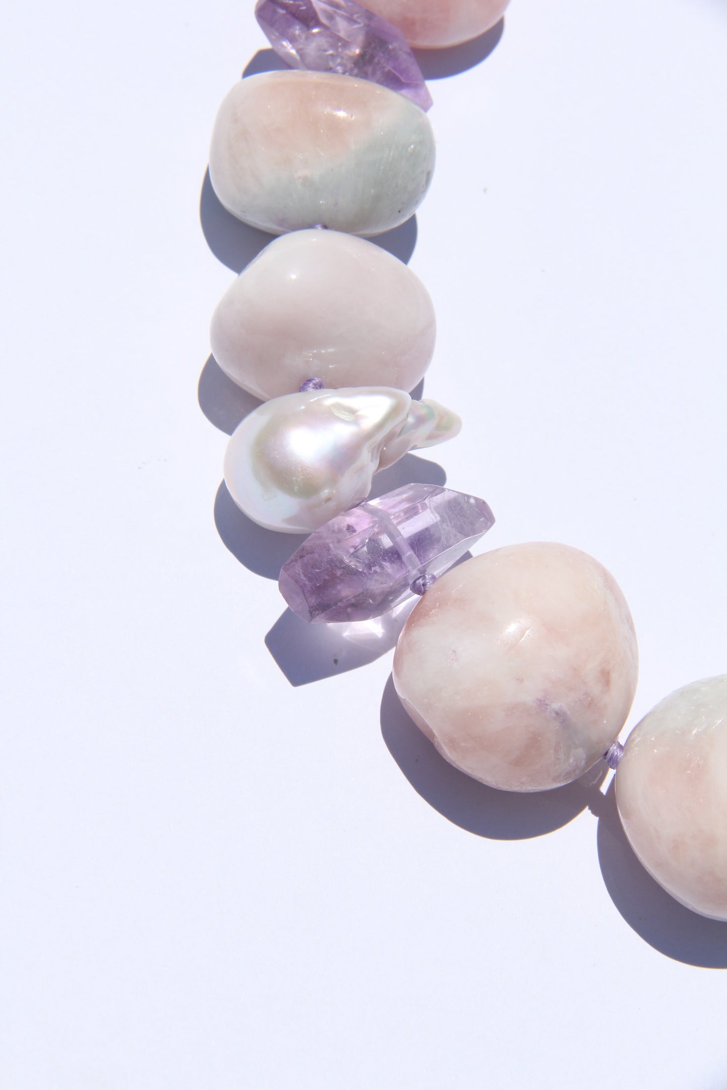 Necklace: morganite, amethyst, pearls