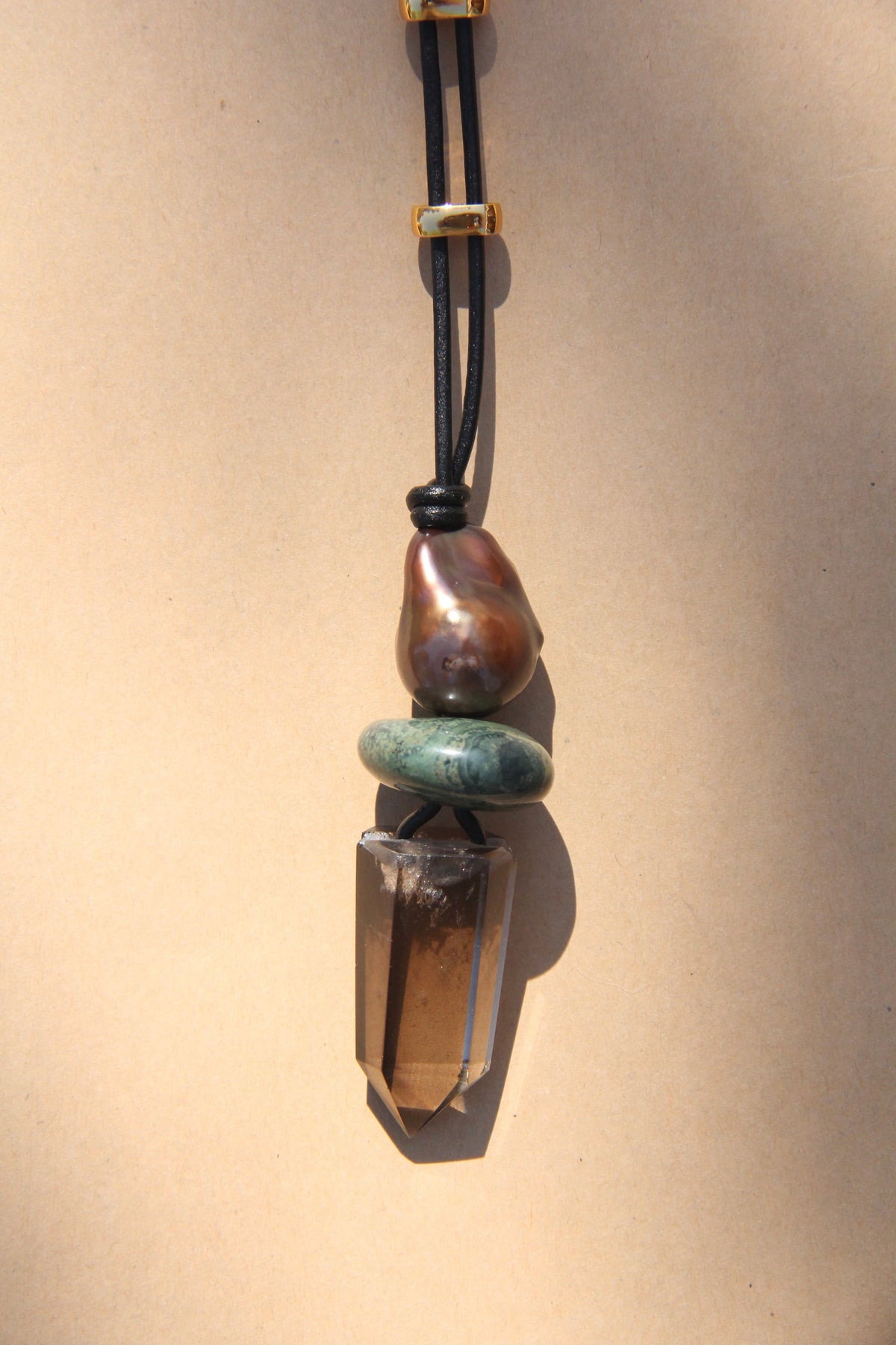 Necklace: pearl, crocodile jasper, smoky quartz
