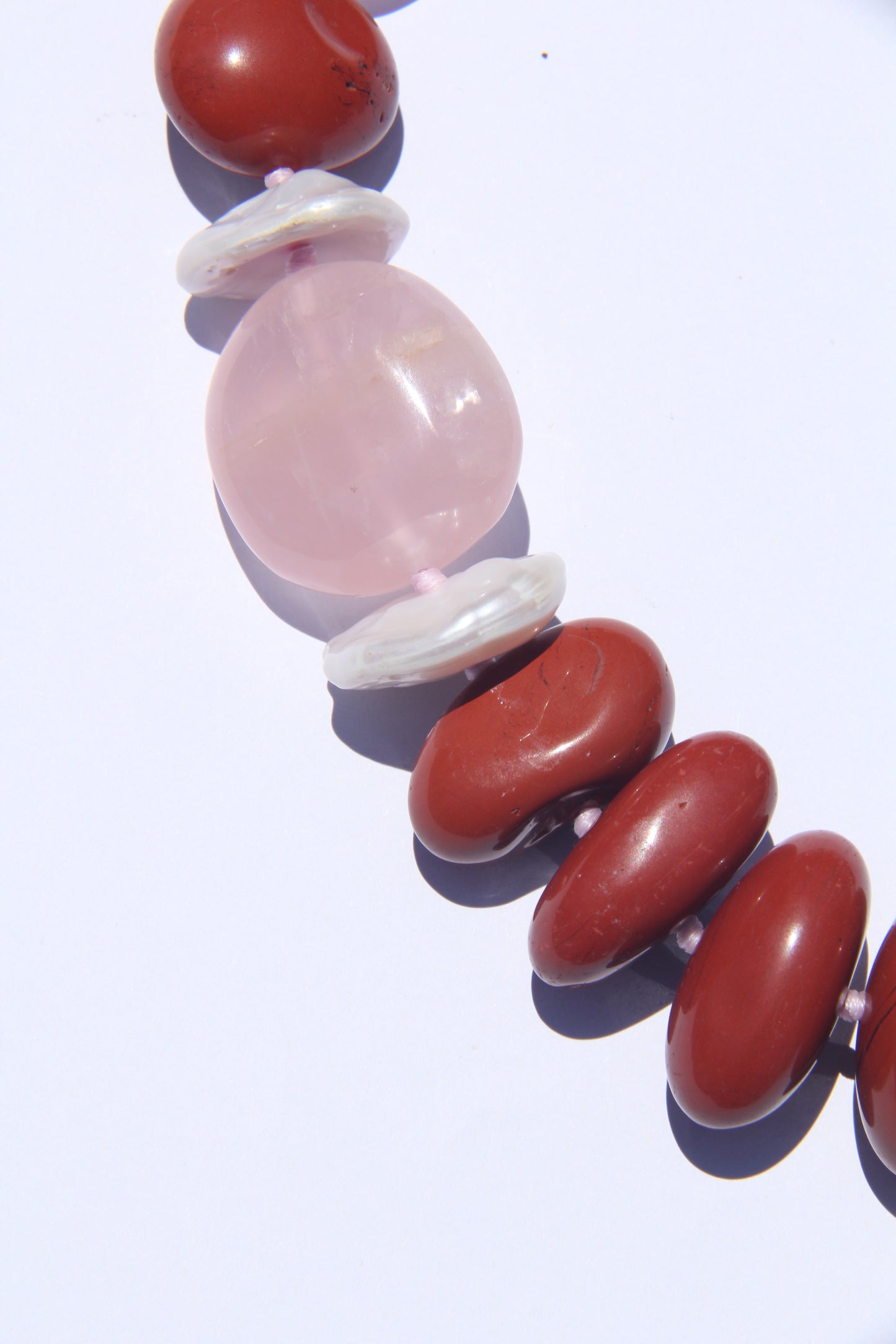 Necklace: red jasper stone, rose quartz, pearls