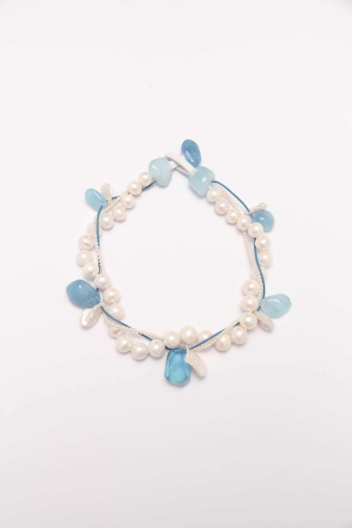 Necklace: aquamarine, morganite, pearls